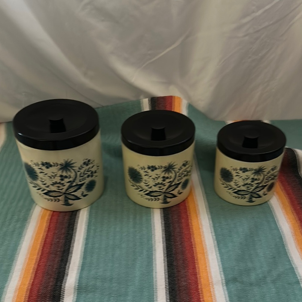 Set of 3 Vintage Blue and White Floral Melmac Nesting Canisters made in Japan